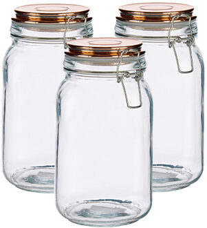 Vivalto Set van 3x stuks glazen luxe keuken voorraadpotten/voorraadbussen met klepdeksel koper 1500 ml