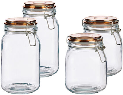 Vivalto Set van 4x stuks luxe keuken voorraadpotten met klepdeksel koper 1000 ml en 1500 ml - Voorraadpot Transparant