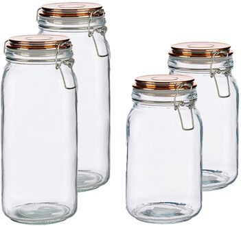 Vivalto Set van 4x stuks luxe keuken voorraadpotten met klepdeksel koper 1500 ml en 2100 ml - Voorraadpot Transparant