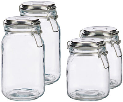 Vivalto Set van 4x stuks luxe keuken voorraadpotten met klepdeksel zilver 1000 ml en 1500 ml - Voorraadpot Transparant