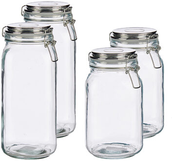 Vivalto Set van 4x stuks luxe keuken voorraadpotten met klepdeksel zilver 1500 ml en 2100 ml - Voorraadpot Transparant