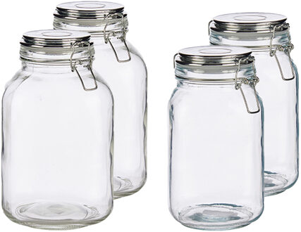 Vivalto Set van 4x stuks luxe keuken voorraadpotten met klepdeksel zilver 1500 ml en 3000 ml - Voorraadpot Transparant