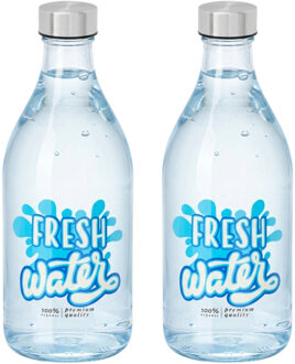 Vivalto Waterfles / drinkfles Fresh - 2x - glas - transparant - met RVS dop - 1000 ml