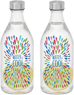 Vivalto Waterfles / drinkfles Summer - 2x - glas - transparant - met RVS dop - 1000 ml