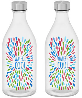Vivalto Waterfles / drinkfles Summer - 2x - glas - transparant - met RVS dop - 1000 ml
