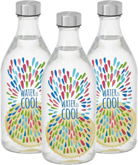 Vivalto Waterfles / drinkfles Summer - 3x - glas - transparant - met RVS dop - 1000 ml