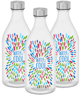 Vivalto Waterfles / drinkfles Summer - 3x - glas - transparant - met RVS dop - 1000 ml