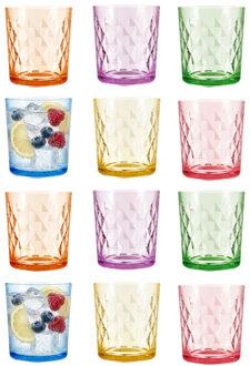 Vivalto Waterglazen/drinkglazen Summer Diamant - 12x - glas - kleurenmix - 360 ml