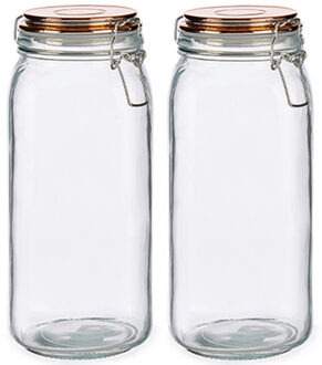Vivalto Weckpot/voorraadpot - Set van 2x stuks - glas - 2100 ml - 11 x 25 cm - met klepdeksel koper - luchtd
