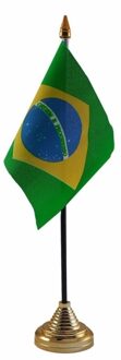 Vlag Brazilie tafelvlaggetje - 10 x 15 cm - met gouden standaard - Hoogte 27 cm