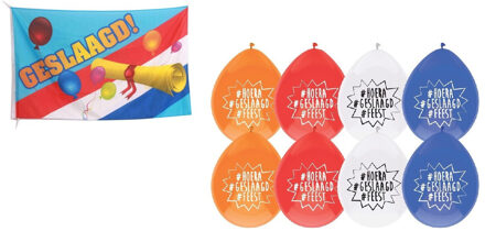Vlag geslaagd/afgestudeerd met diploma - en 8x thema versiering ballonnen 27 cm