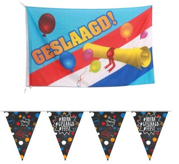 Vlag geslaagd/afgestudeerd met diploma + geslaagd/afgestudeerd puntvlaggenlijn/slinger 10 m - Feestdecoratievoorwerp