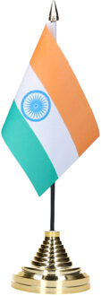 Vlag India tafelvlaggetje - 10 x 15 cm - met gouden standaard - Hoogte 27 cm
