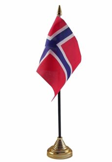 Vlag Noorwegen tafelvlaggetje - 10 x 15 cm - met gouden standaard - Hoogte 27 cm