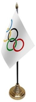 Vlag Olympische Spelen tafelvlaggetje - 10 x 15 cm - met gouden standaard - Hoogte 27 cm