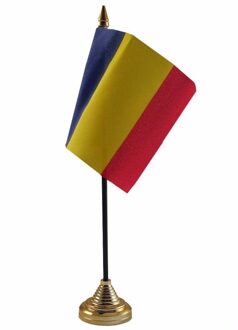 Vlag Roemenie tafelvlaggetje - 10 x 15 cm - met gouden standaard - Hoogte 27 cm
