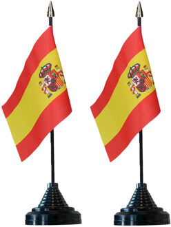 Vlag Spanje tafelvlaggetjes - 2x stuks - 10 x 15 cm vlag - met zwarte standaard