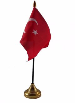 Vlag Turkije tafelvlaggetje - 10 x 15 cm - met gouden standaard - Hoogte 27 cm