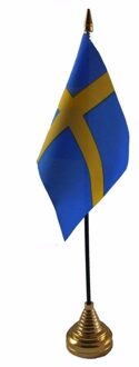 Vlag Zweden tafelvlaggetje - 10 x 15 cm - met gouden standaard - Hoogte 27 cm Multi