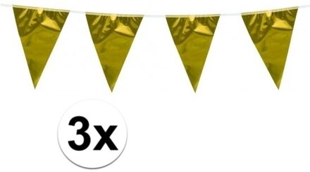 Vlaggenlijn - 3x stuks - metallic goud - 10 meter - plastic - vlaggetjes - versiering - slinger Goudkleurig