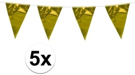 Vlaggenlijn - 5x stuks - metallic goud - 10 meter - plastic - vlaggetjes - versiering - slinger