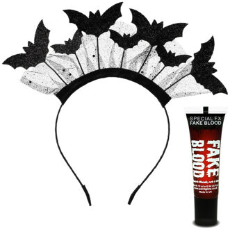 Vleermuizen diadeem/tiara - zwart - kunststof - incl. nep bloed - Halloween thema