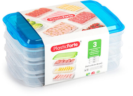 Vleeswaren bewaarbakjes - transparant/blauw - 24 x 16 x 10 cm - 3 lagen - broodbeleg vershouddoos