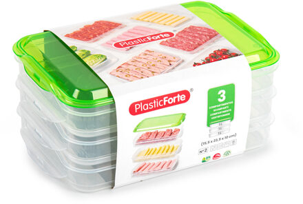 Vleeswaren bewaarbakjes - transparant/groen - 24 x 16 x 10 cm - 3 lagen - broodbeleg vershouddoos