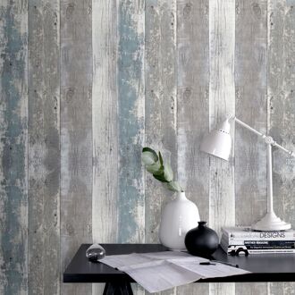 Vliesbehang Hout - Blauw - Bruin - 10,05m X 52cm