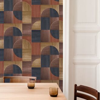 Vliesbehang Houtcirkels - Bruin - Blauw - 10,05m X 53cm