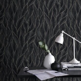 Vliesbehang Subtle Leaves - Blauw - Zilver - 10,05m X 53cm