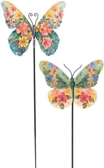 Vlinder met bloemen op steker 15x57cm multi