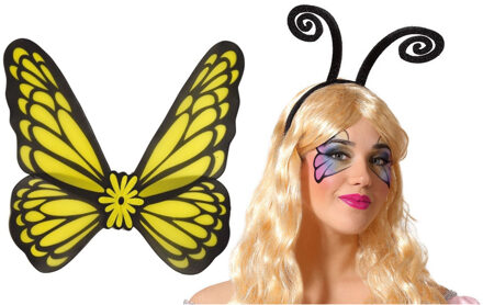 Vlinder verkleed set - vleugels en diadeem - geel - volwassenen - carnaval verkleed accessoires