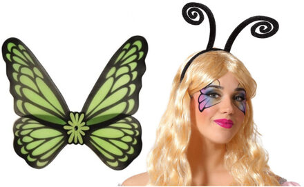 Vlinder verkleed set - vleugels en diadeem - groen - volwassenen - carnaval verkleed accessoires