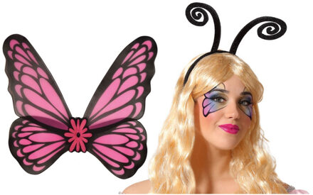 Vlinder verkleed set - vleugels en diadeem - roze - volwassenen - carnaval verkleed accessoires