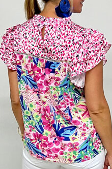 Vlinderachtige Mouw Tops met Bloemenprint Roze