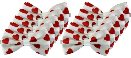 Vlinderstrikje - 10x - wit met rode hartjes - voor dames/heren - Cupido/Valentijn strikje