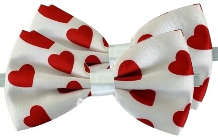 Vlinderstrikje - 2x - wit met rode hartjes - voor dames/heren - Cupido/Valentijn strikje