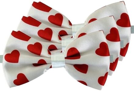 Vlinderstrikje - 3x - wit met rode hartjes - voor dames/heren - Cupido/Valentijn strikje