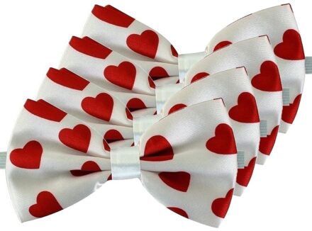 Vlinderstrikje - 4x - wit met rode hartjes - voor dames/heren - Cupido/Valentijn strikje