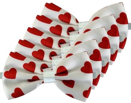 Vlinderstrikje - 5x - wit met rode hartjes - voor dames/heren - Cupido/Valentijn strikje