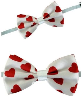 Vlinderstrikje - wit met rode hartjes - voor dames/heren - Cupido/Valentijn strikje