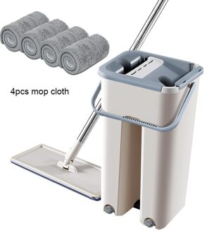 Vloer Mop Microfiber Squeeze Mops Natte Mop Met Emmer Doek Squeeze Schoonmaken Badkamer Mop Voor Wassen Vloer Thuis Keuken Schoner Mop met 4stk pads