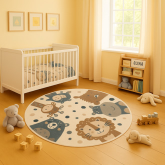 Vloerkleed Kids Animal Party Rond Xcm - Polypropyleen - Dekbed-Discounter.nl Meerkleurig - 100 ø cm