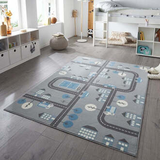 Vloerkleed Kids Town - Grijs Blauw 150x80cm - Polypropyleen - Dekbed-Discounter.nl Grijs,Blauw - 80 x 150 cm