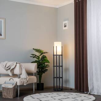 Vloerlamp 8111 zwart, plank, stoffen kap wit zwart, wit