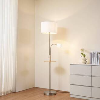 vloerlamp Aovan, nikkelkleurig, opbergvak, USB-aansluiting nikkel satijn, crèmewit, licht hout