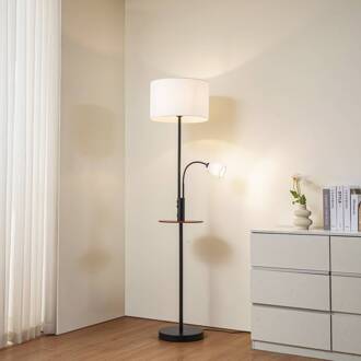vloerlamp Aovan, zwart, opbergvak, USB-aansluiting zwart, crèmewit, donker hout