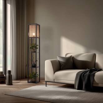 vloerlamp Birta, zwart/naturel, plank, rotan zwart, naturelkleurig