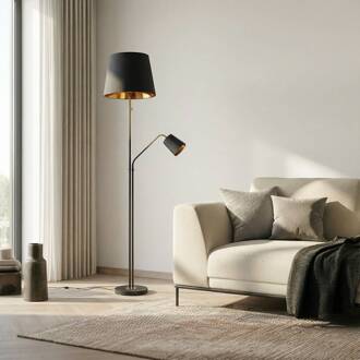 vloerlamp Efalia, zwart/goud, textiel, leeslampje zwart, goud